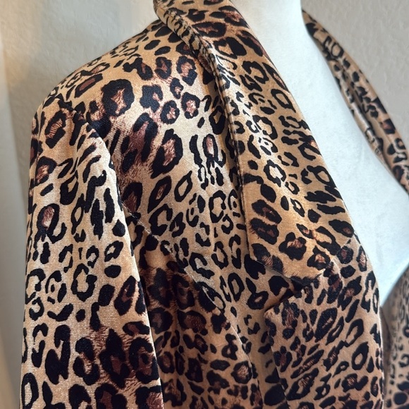 Leopard Print Open-Front Blazer Turquoise Haven Pockets - Picture 2 of 5